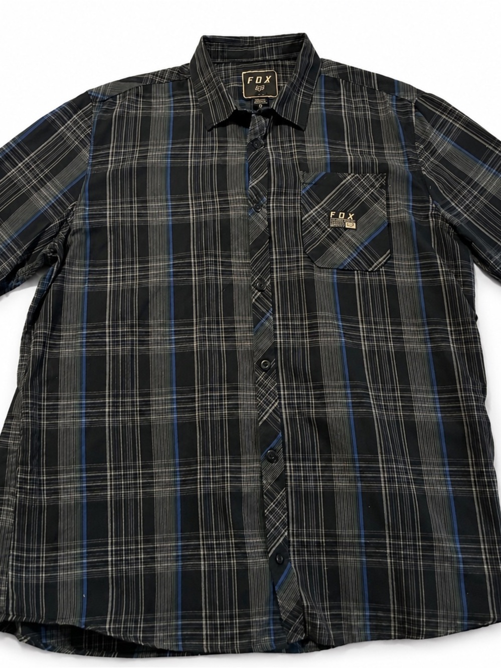Fox Men’s Black Plaid Button-Down Shirt with Blue Accents